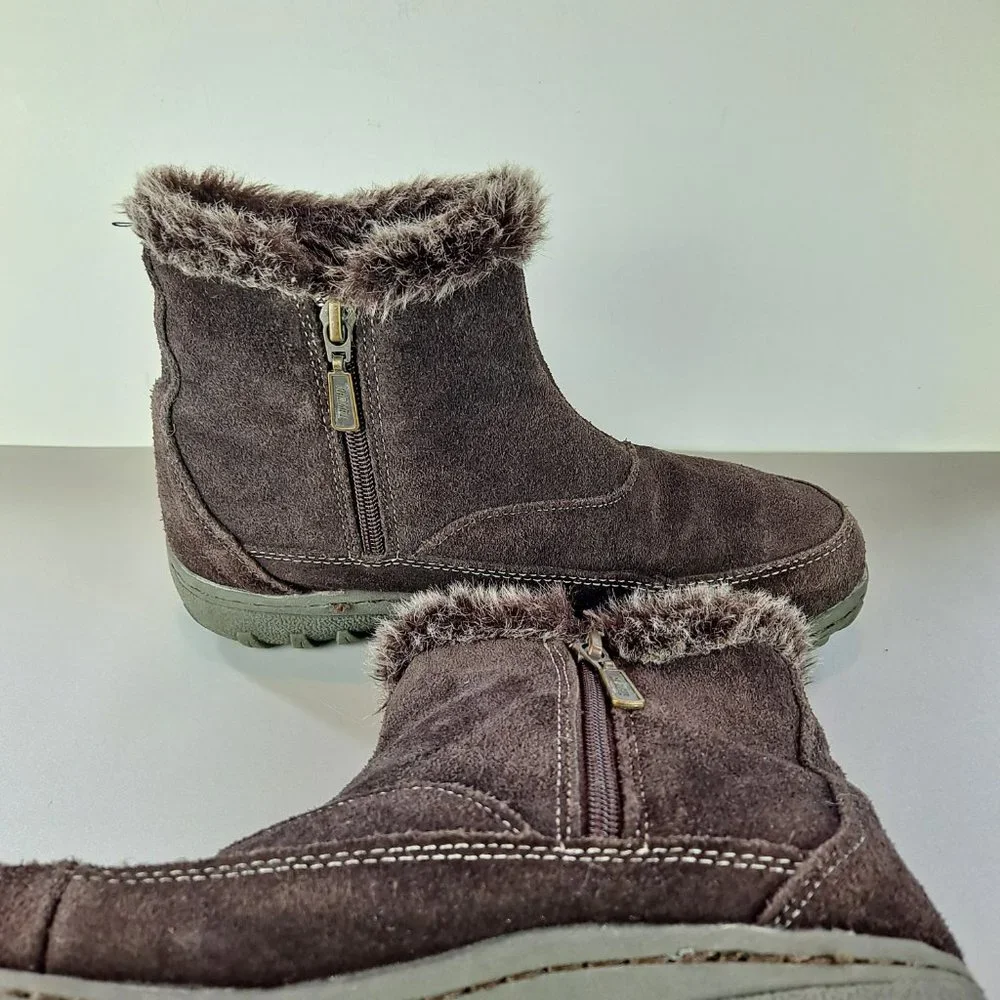 Khombu Gracie Women's Brown Leather w/Faux Fur Trim Ankle Boots SZ 8
